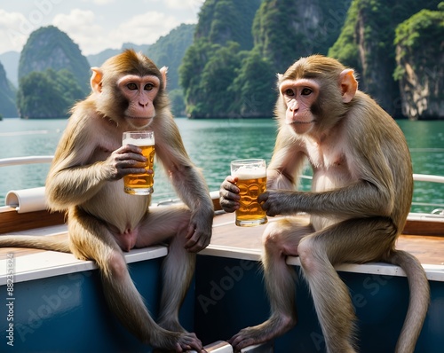 Monkeys drinking beer by the water  photo