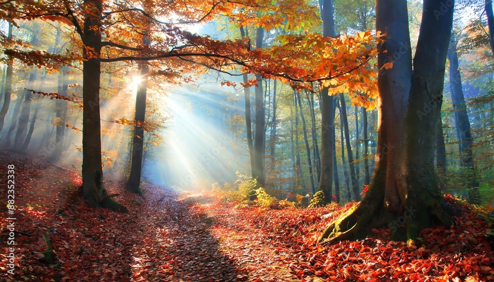 Fototapeta premium A serene forest scene with sunlight filtering through autumn leaves, illuminating a path covered in fallen foliage.