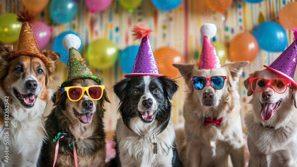 Pet paw-ty concept. Domestic doggy animal party. Big breed dog friends birthday celebration event Pet paw-ty concept. Domestic doggy animal party. Big breed dog friends birthday celebration event