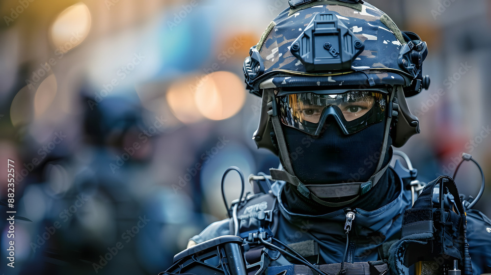 A SWAT officer in full tactical gear on duty for emergency response A ...