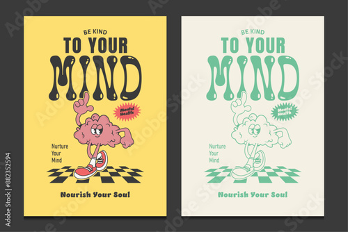 retro 70s poster with brain cartoon character, vector illustration