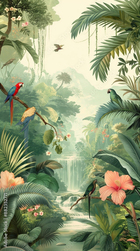 Fototapeta premium Vintage wallpaper of a lush rainforest with vibrant macaws, cascading vines and tranquil rivers in pastel hues. mural art style.