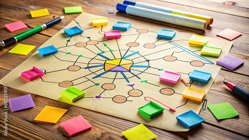 Colorful sticky notes and markers scattered on a wooden desk, surrounding a large piece of paper with a intricate mind map diagram, highlighting key concepts and ideas.