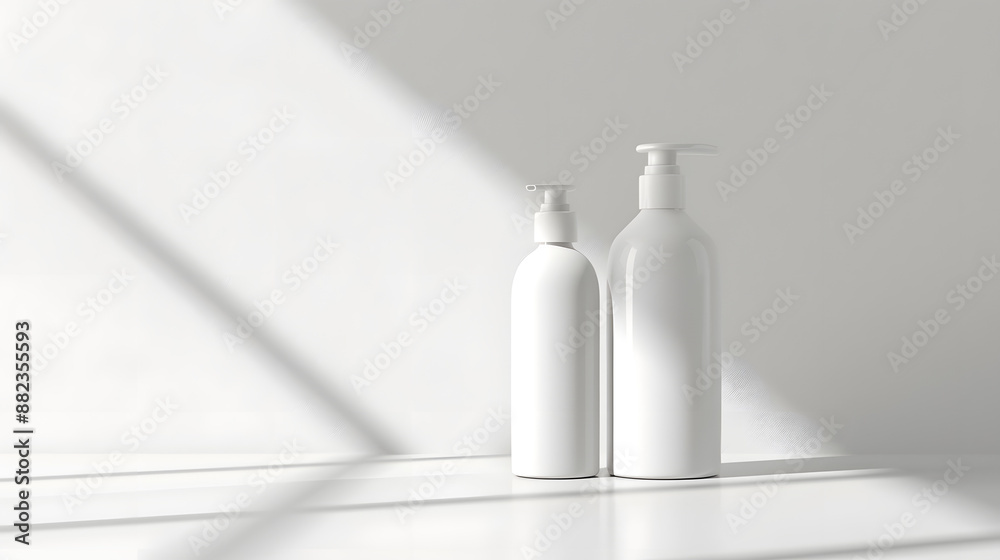 Minimalist White Plastic Pump Bottles on Reflective Surface - Indoor Hygiene Product Photography Minimalist White Plastic Pump Bottles on Reflective Surface - Indoor Hygiene Product Photography