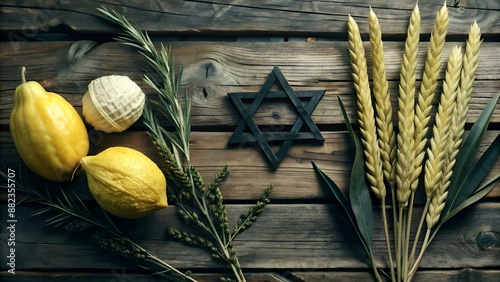 Jewish festival of Sukkot. Traditional symbols (The four species): Etrog, lulav, hadas, arava. photo