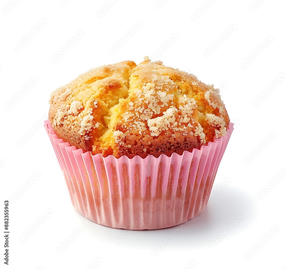 One delicious muffin in a pink paper case isolated on a white background One delicious muffin in a pink paper case isolated on a white background