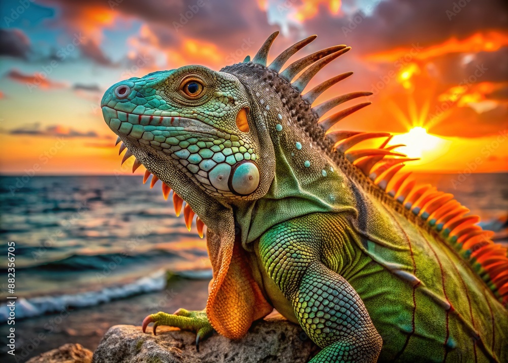 Fototapeta premium Vibrant orange and green iguana scales and spines contrast against a warm sunset ocean backdrop, showcasing intricate reptilian textures and oceanic serenity in stunning detail.