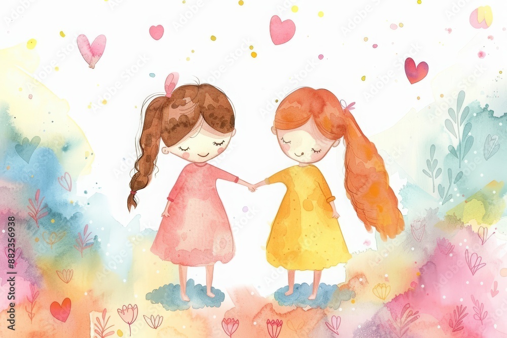 Happy friendship day, holding hands, cartoon style, cute watercolor vector illustration with pink and yellow colors. colorful shapes in the corners, stars and hearts around. Happy friendship day, holding hands, cartoon style, cute watercolor vector illustration with pink and yellow colors. colorful shapes in the corners, stars and hearts around.