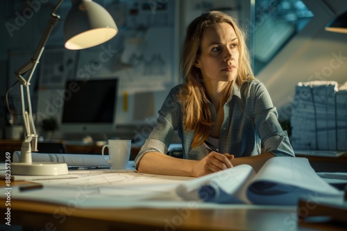 A female architect works late at her desk, surrounded by blueprints and technical drawings. A desk lamp illuminates the scene, casting a warm glow