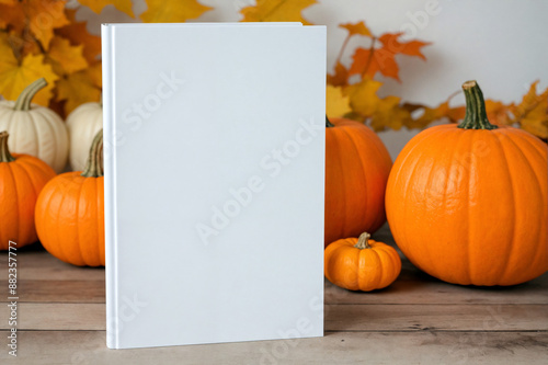 Blank white book cover mockup standing on wooden surface against orange autumn, fall background with pumpkins. Front view of magazine template