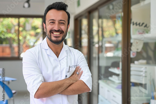 A smiling man in a white lab coat stands in front of a dental office, generative ai image.