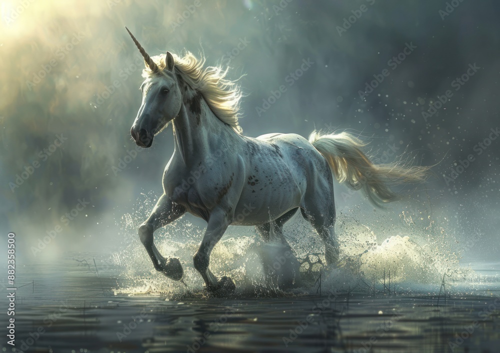 Majestic Unicorn Galloping Through Water - A breathtaking image of a unicorn galloping through water, capturing its majestic beauty and magical essence in atmospheric light. Majestic Unicorn Galloping Through Water - A breathtaking image of a unicorn galloping through water, capturing its majestic beauty and magical essence in atmospheric light.