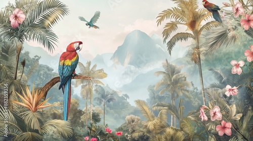 Vintage wallpaper of a tropical jungle with colorful macaws, playful binturongs, and tall palm trees in pastel tones, capturing an enchanting rainforest with blooming flowers and misty mountains.  photo