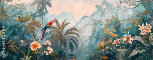 Vintage wallpaper of a tropical jungle with colorful macaws, playful binturongs, and tall palm trees in pastel tones, capturing an enchanting rainforest with blooming flowers and misty mountains.  photo