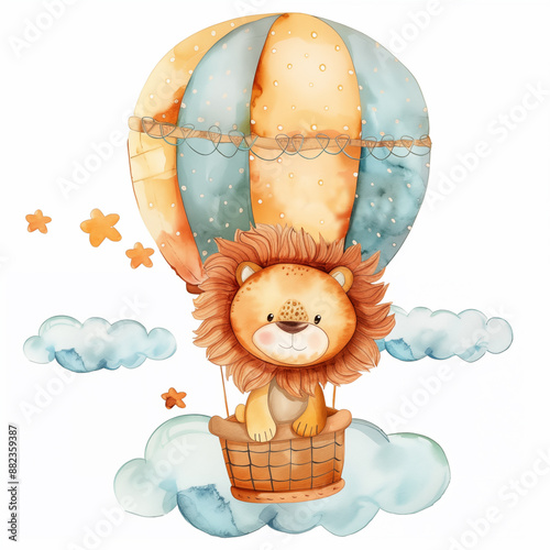 Cute watercolor cartoon lion flying on a hot air balloon, clipart illustration with isolated white background. photo