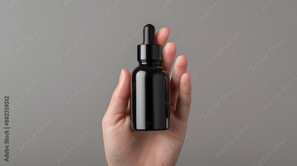 A hand holding a black bottle with a black cap A hand holding a black bottle with a black cap