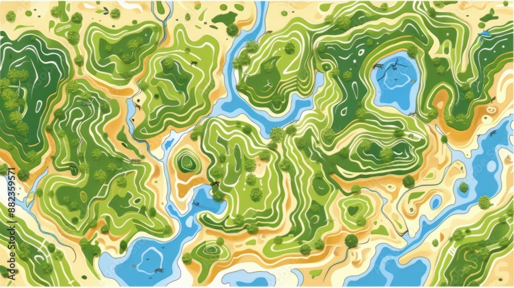 A highly detailed, fictional topographic vector map complete with various symbols.
A highly detailed, fictional topographic vector map complete with various symbols.