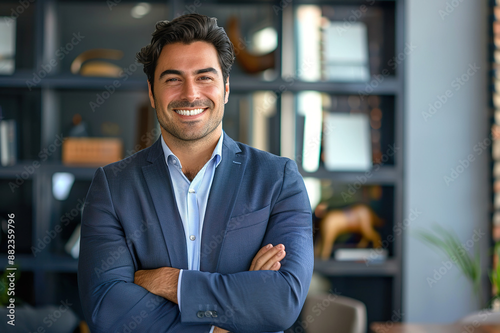 Fototapeta premium A man in a suit and tie is smiling and posing for a picture, generative ai image.