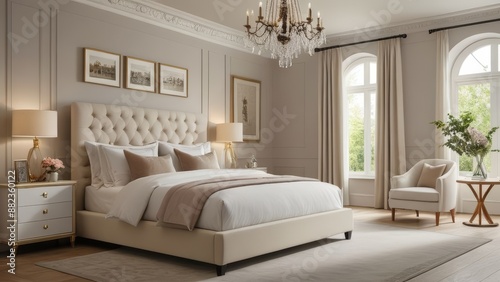 A chic bedroom with a luxurious upholstered bed, stylish nightstands, and elegant bedside lamps. Soft bedding and tasteful decor complete the sophisticated look. © Nikolaus
