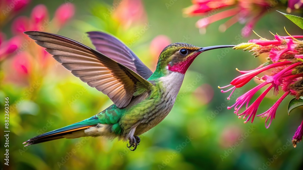 Fototapeta premium Vibrant hummingbird with iridescent feathers hovers in mid-air, its long beak sipping sweet nectar from a delicate, pink, trumpet-shaped flower in a lush green garden.