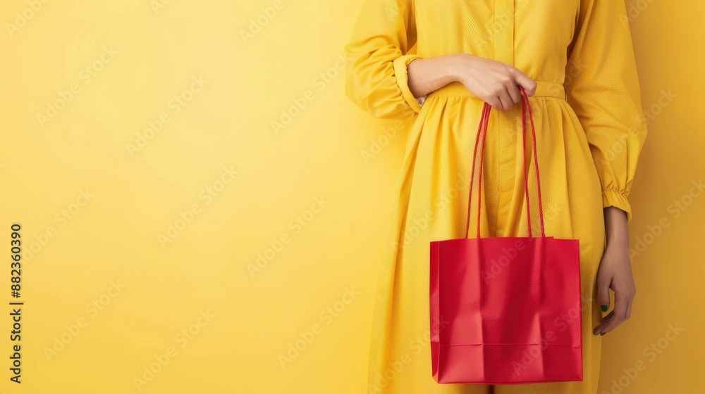 A woman in a yellow dress holding a red shopping bag A woman in a yellow dress holding a red shopping bag