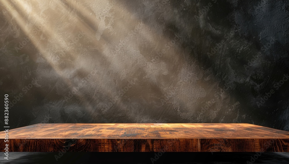 Dark Background with Empty Wooden Table Top and Black Wall for Product Display Dark Background with Empty Wooden Table Top and Black Wall for Product Display