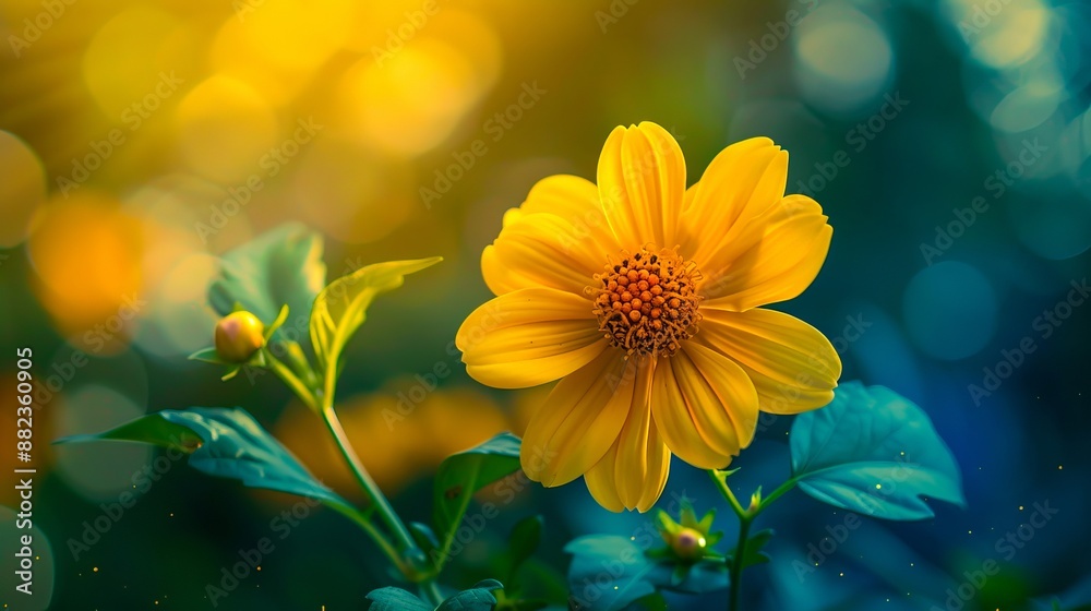 A yellow flower with green leaves in the sunlight.