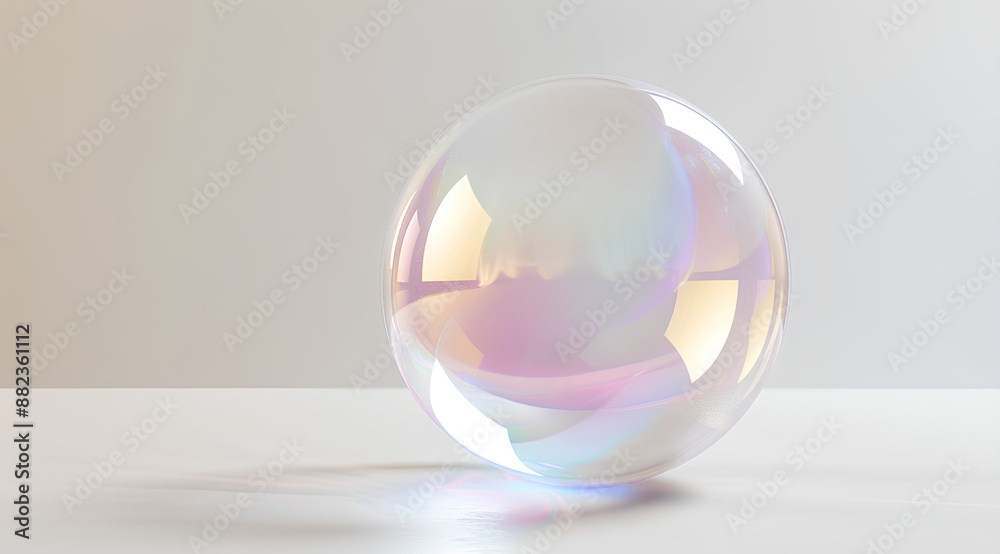 A transparent glass sphere, with its interior reflecting colorful light, is placed on an empty white table top. The sphere has delicate edges and a rounded shape A transparent glass sphere, with its interior reflecting colorful light, is placed on an empty white table top. The sphere has delicate edges and a rounded shape