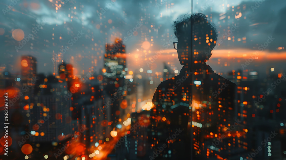 Silhouette of a person looking out over a vibrant cityscape during sunset, with reflections of city lights creating a dreamy ambiance. Silhouette of a person looking out over a vibrant cityscape during sunset, with reflections of city lights creating a dreamy ambiance.