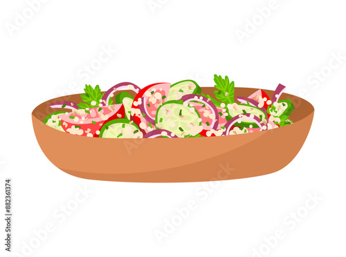Georgian salad with tomatoes, cucumbers and walnuts in flat style. Vector illustration isolated on white background