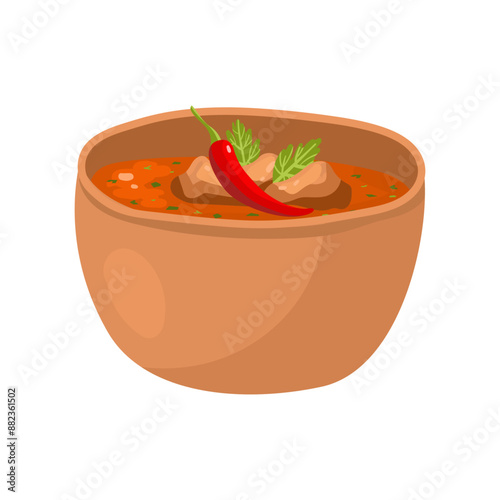 traditional Georgian soup Kharcho with a red pepper pod in flat style. Vector illustration isolated on white background