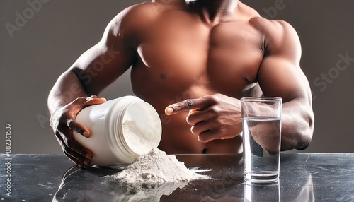 A shirtless bodybuilder man holding a jar of sports supplement and pointing his finger at creatine powder.
 photo