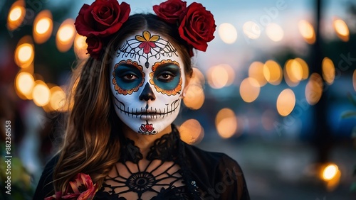 Mexican Woman with Skull day of the dead Make Up and Flowers with Bokeh festival Background (Dia de los Muertos)