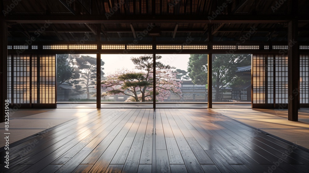 Traditional Japanese Interior with Garden View at Sunrise