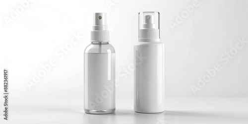 Isolated white plastic spray bottle mockup with small liquid container and atomizer pump, empty label space, on a clean white background, 3D rendered image.