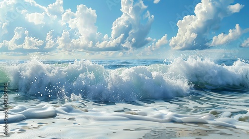 Dramatic sea waves crashing and splashing, set against a cloudy blue sky, showcasing nature's raw power.


