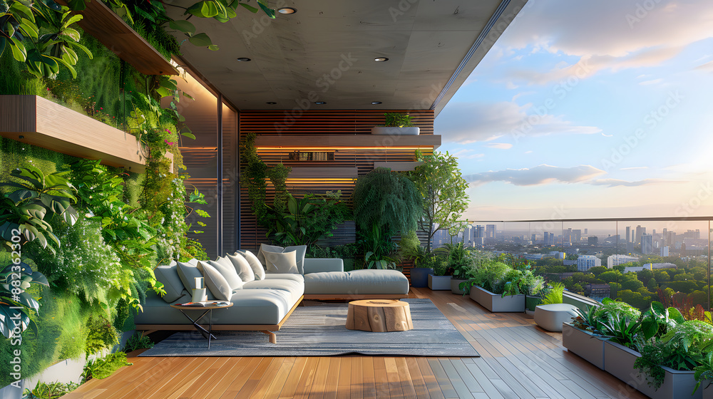 interior design concept condominium penthouse living area with wooden balcony and stunning view of city garden beautiful sky interior design concept condominium penthouse living area with wooden balcony and stunning view of city garden beautiful sky