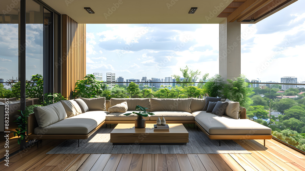 Fototapeta premium interior design concept condominium penthouse living area with wooden balcony and stunning view of city garden beautiful sky 