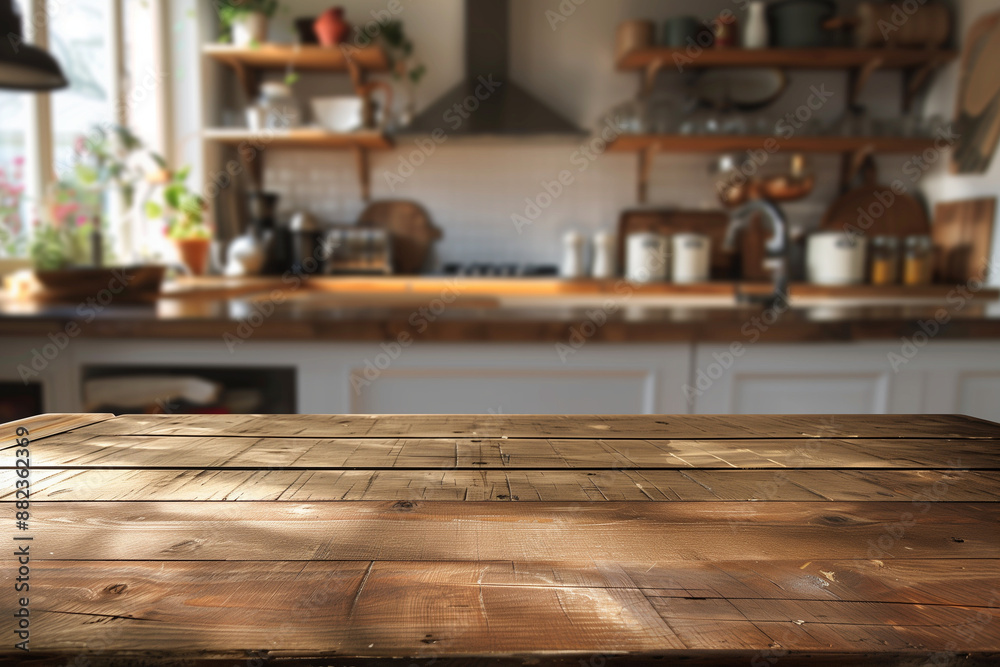 cozy kitchen atmosphere with an empty wooden table in the foreground and a blurred, homey kitchen in the background, perfect for highlighting kitchen products or recipes. Great for cozy kitchen atmosphere with an empty wooden table in the foreground and a blurred, homey kitchen in the background, perfect for highlighting kitchen products or recipes. Great for