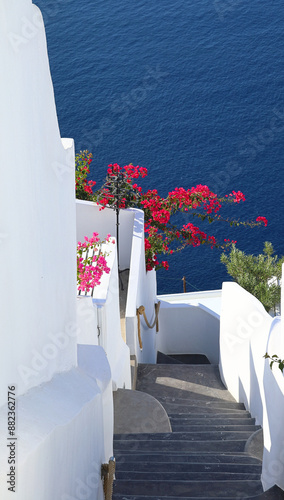 Santorini steps- Beautiful view of narrow stairs and steps the crisscross the villages in Santorini, Greece