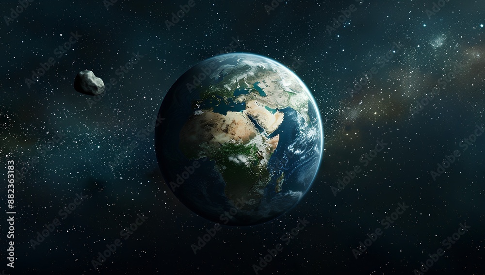A distant planet Earth with an asteroid approaching it, seen from space. The earth is large and the outlines of its landmasses can be made out. A small meteor is visible in orbit around Earth in the b A distant planet Earth with an asteroid approaching it, seen from space. The earth is large and the outlines of its landmasses can be made out. A small meteor is visible in orbit around Earth in the b