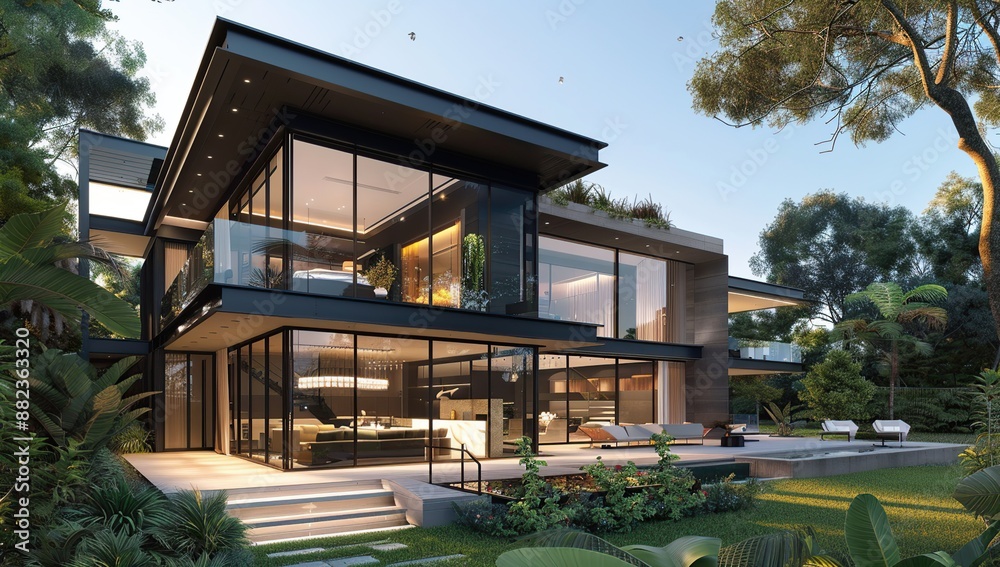 Modern House with Glass Walls and Lush Greenery
