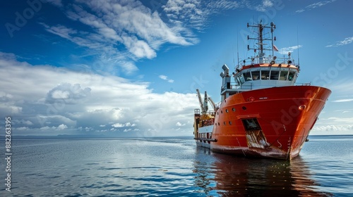 A vessel engaged in the installation of offshore wind turbines, demonstrating renewable energy efforts at sea.

