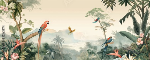 Vintage wallpaper of a tropical woodland with vibrant parrots, ancient trees and distant horizons in pastel shades. mural art style. 