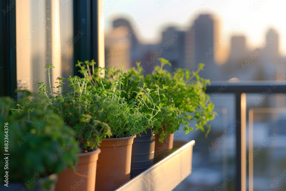 A small herb garden thrives in terracotta pots on a modern balcony overlooking a city skyline at sunset A small herb garden thrives in terracotta pots on a modern balcony overlooking a city skyline at sunset