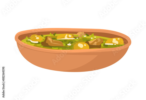 Georgian dish Chakapuli, herb-filled spring stew with lamb and local greens in flat style. Vector illustration isolated on white background