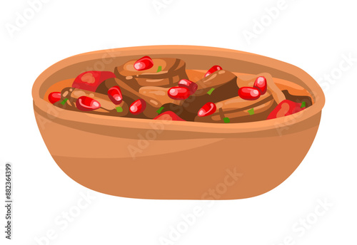 Georgian dish Chashushuli, Georgian beef stew with tomato in flat style. Vector illustration isolated on white background