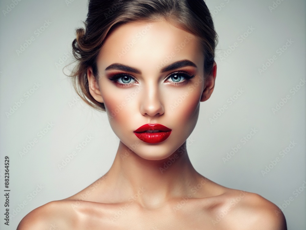 Soft focus on flawless skin, elegant features, and bold red lips of a stunning female subject against a crisp white studio background, exuding sophistication. Soft focus on flawless skin, elegant features, and bold red lips of a stunning female subject against a crisp white studio background, exuding sophistication.