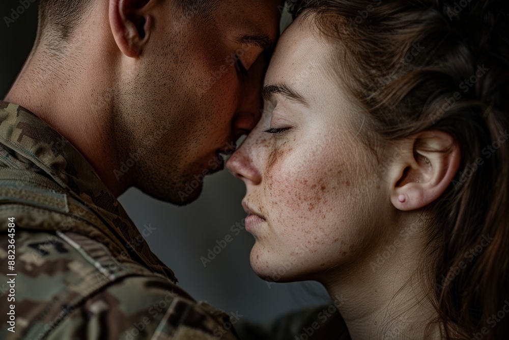 A soldier in military uniform gently kisses his wife's forehead against a neutral backdrop A soldier in military uniform gently kisses his wife's forehead against a neutral backdrop