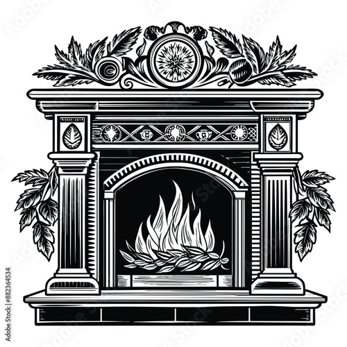 coloring book fireplace mantel on white background BLACK. AI GENERATED